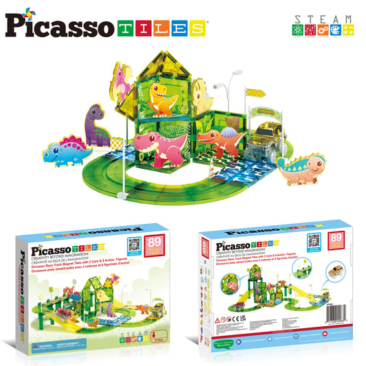 PicassoTiles racecar set with two cars speeds imaginative racing play.
