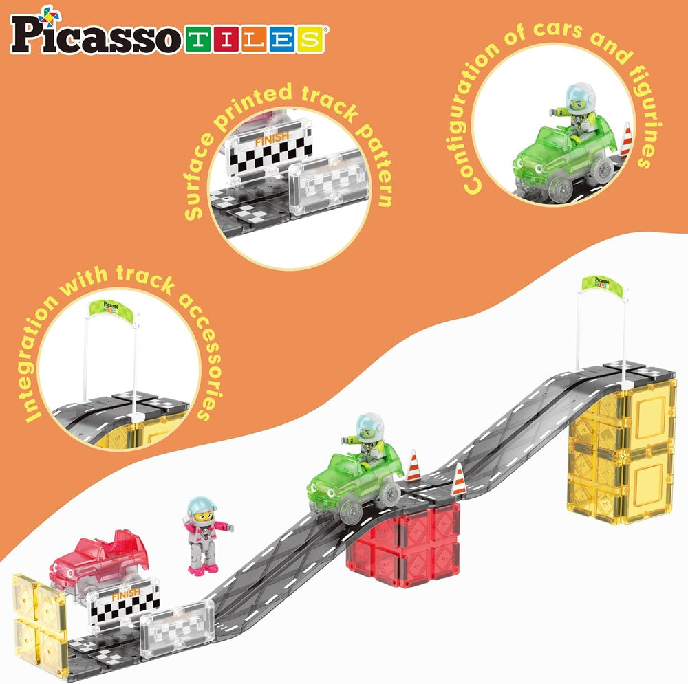 PicassoTiles racing cars engage kids in dynamic pretend play.