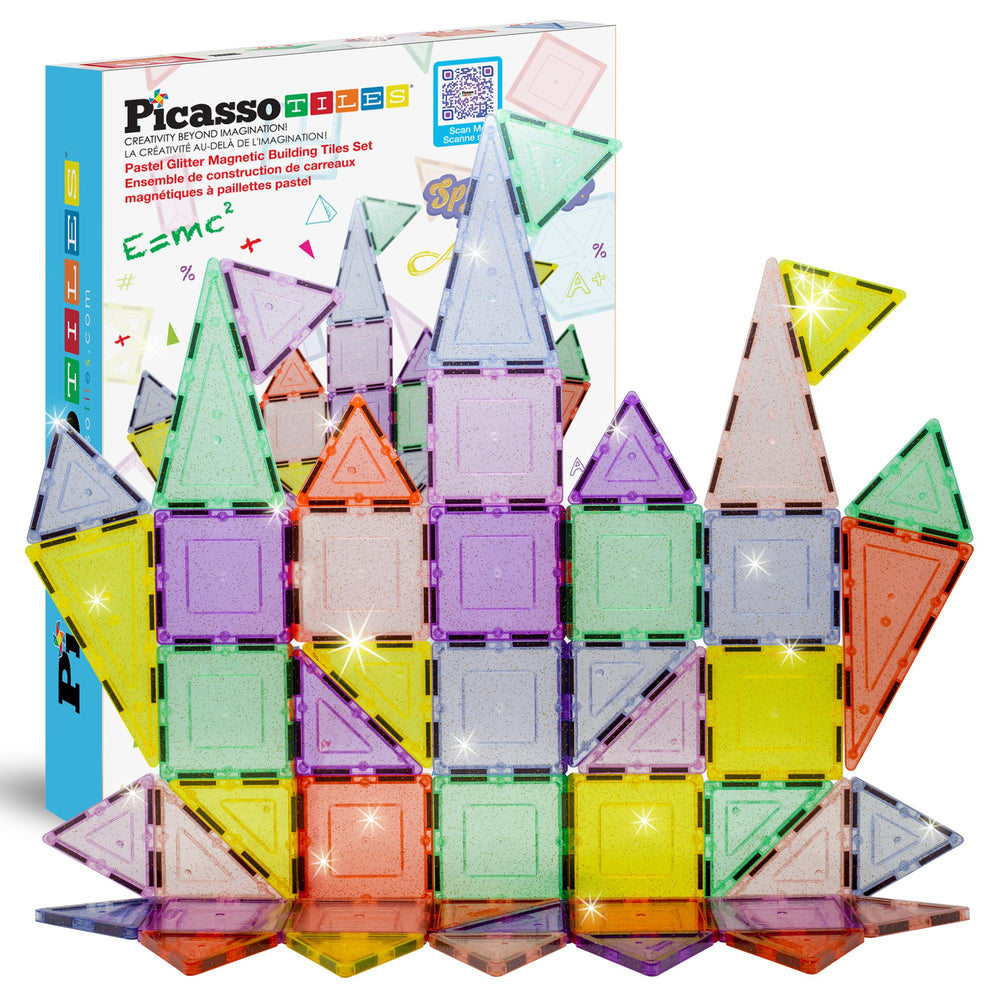 PicassoTiles reflective leaf flakes tiles sparkle in light for imaginative builds.