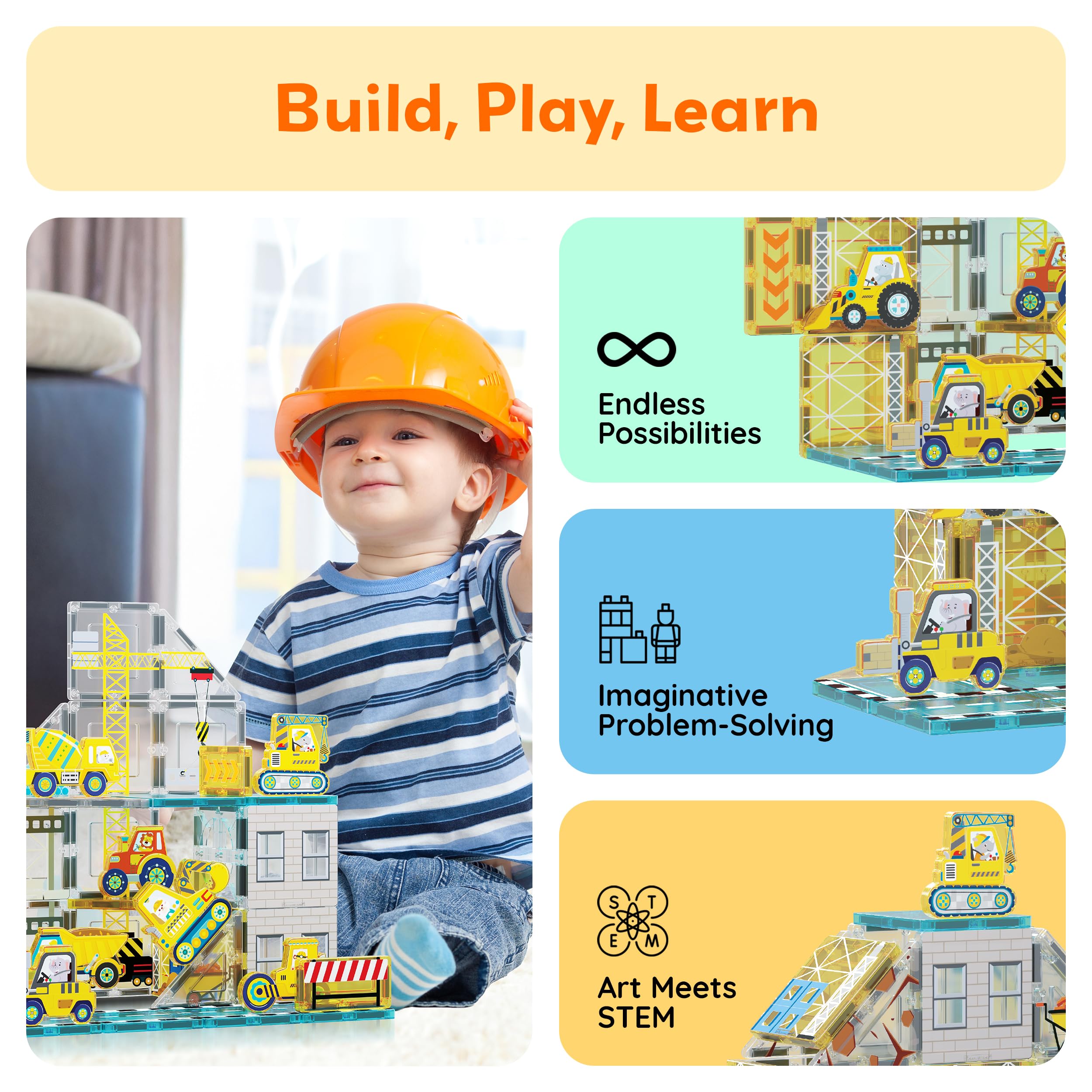 PicassoTiles road roller magnet tiles for on-site play and motor skills.