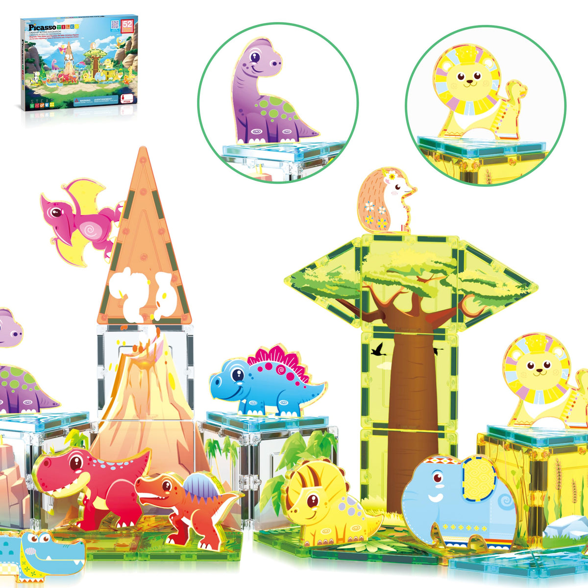 PicassoTiles Safari-Dino theme tiles enable imaginative play and early STEM exploration.