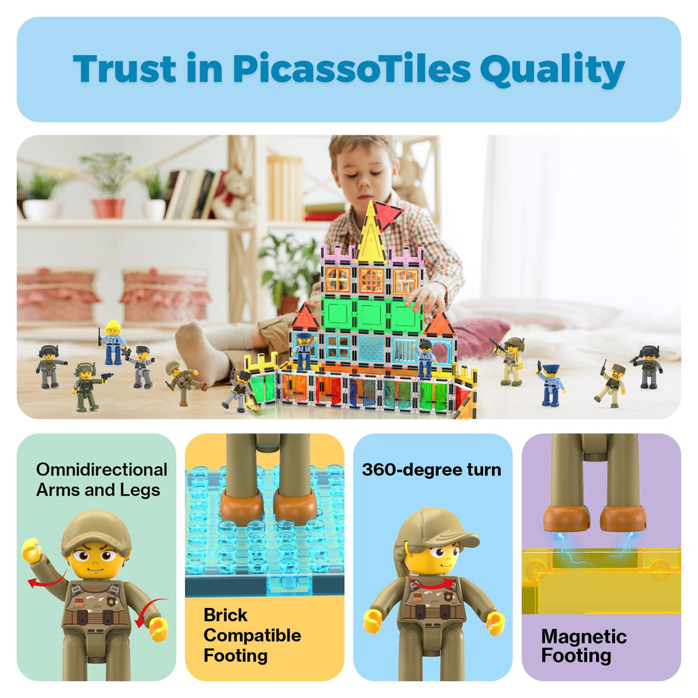 PicassoTiles security-hero figures for safe, colorful educational play and team-based creativity.