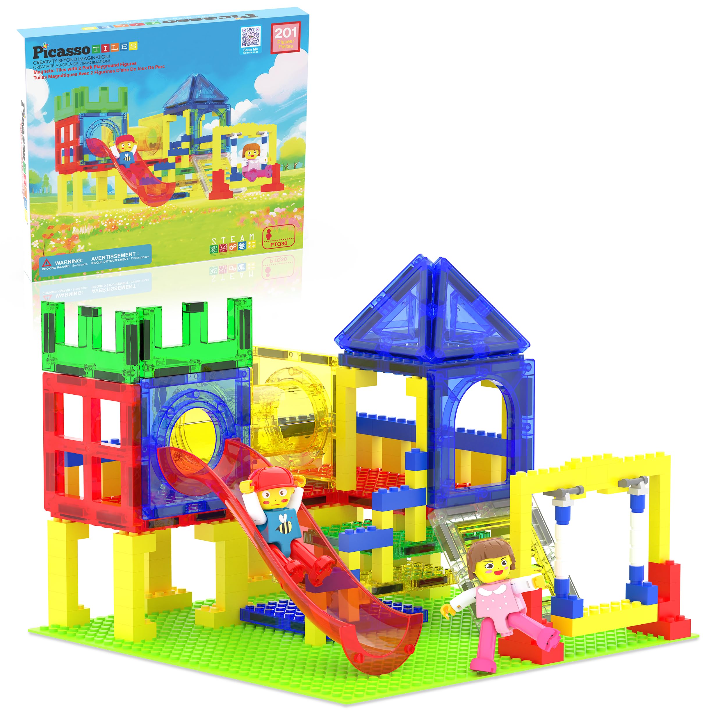 PicassoTiles slide and swing playground demonstration showing kids exploring safely and creatively.