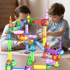 PicassoTiles slides and ramps in action enabling dynamic marble paths