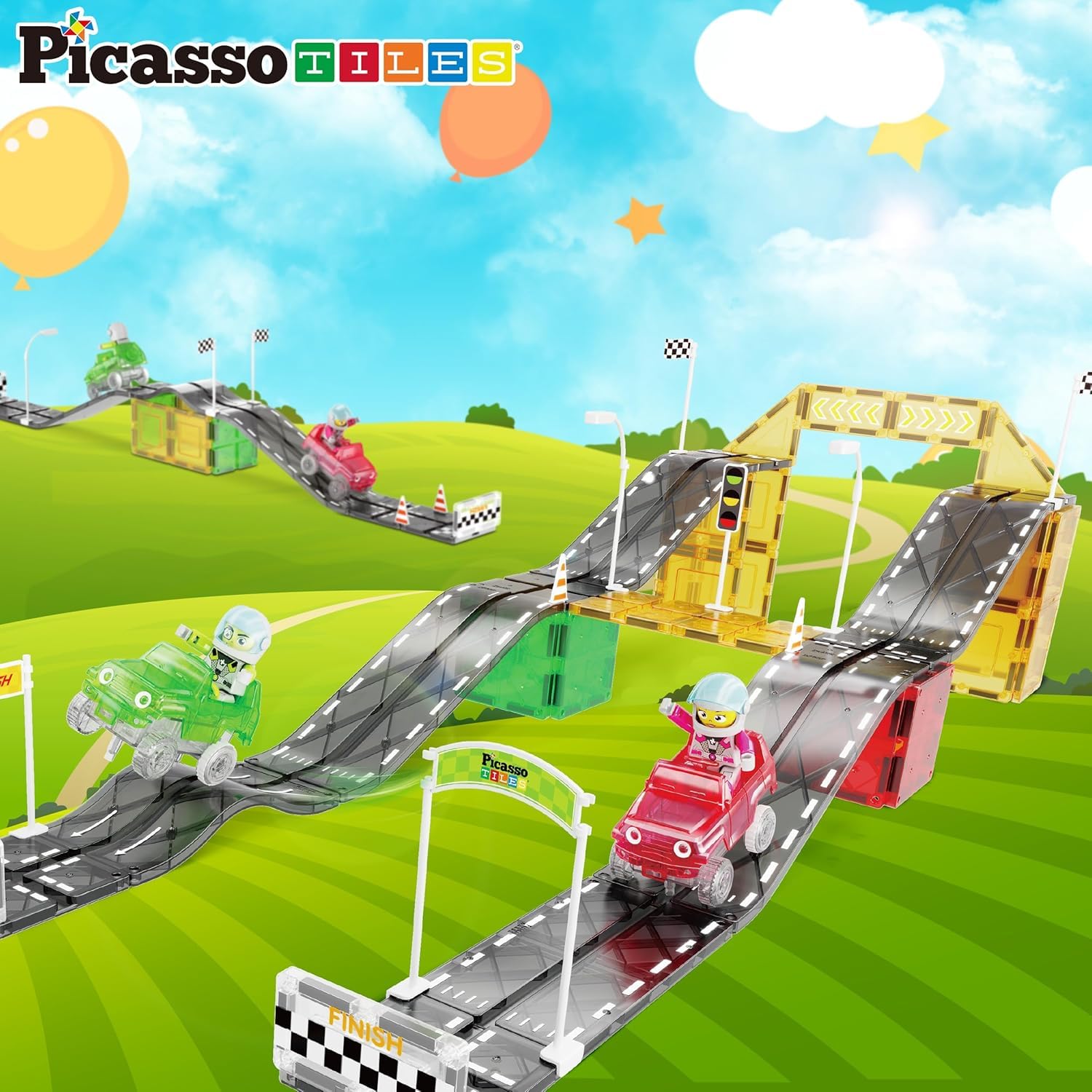 PicassoTiles slope tracks add varied elevations for engaging challenges.