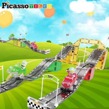 PicassoTiles slope tracks add varied elevations for engaging challenges.