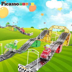 PicassoTiles slope tracks add varied elevations for engaging challenges.