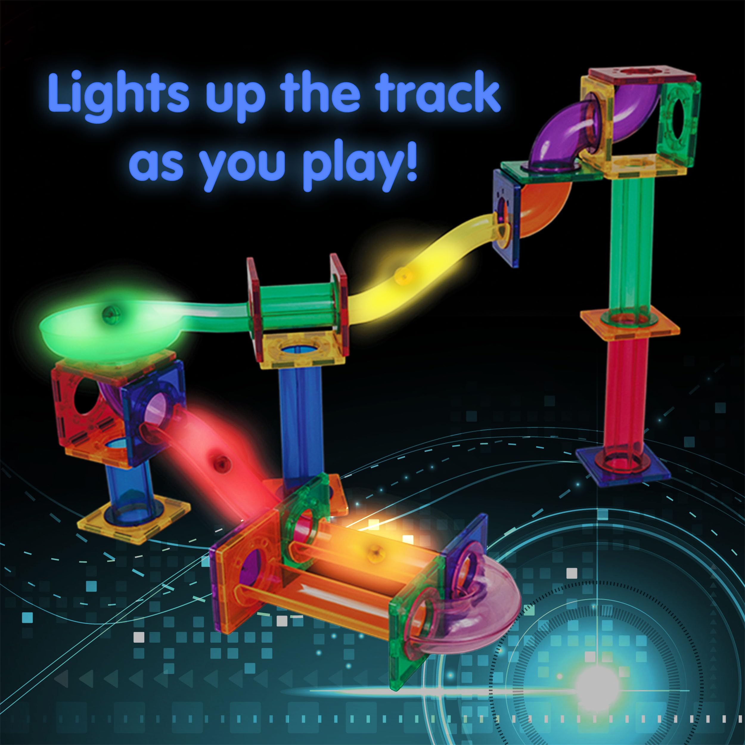 PicassoTiles magnetic tracks enhance color recognition and design skills.