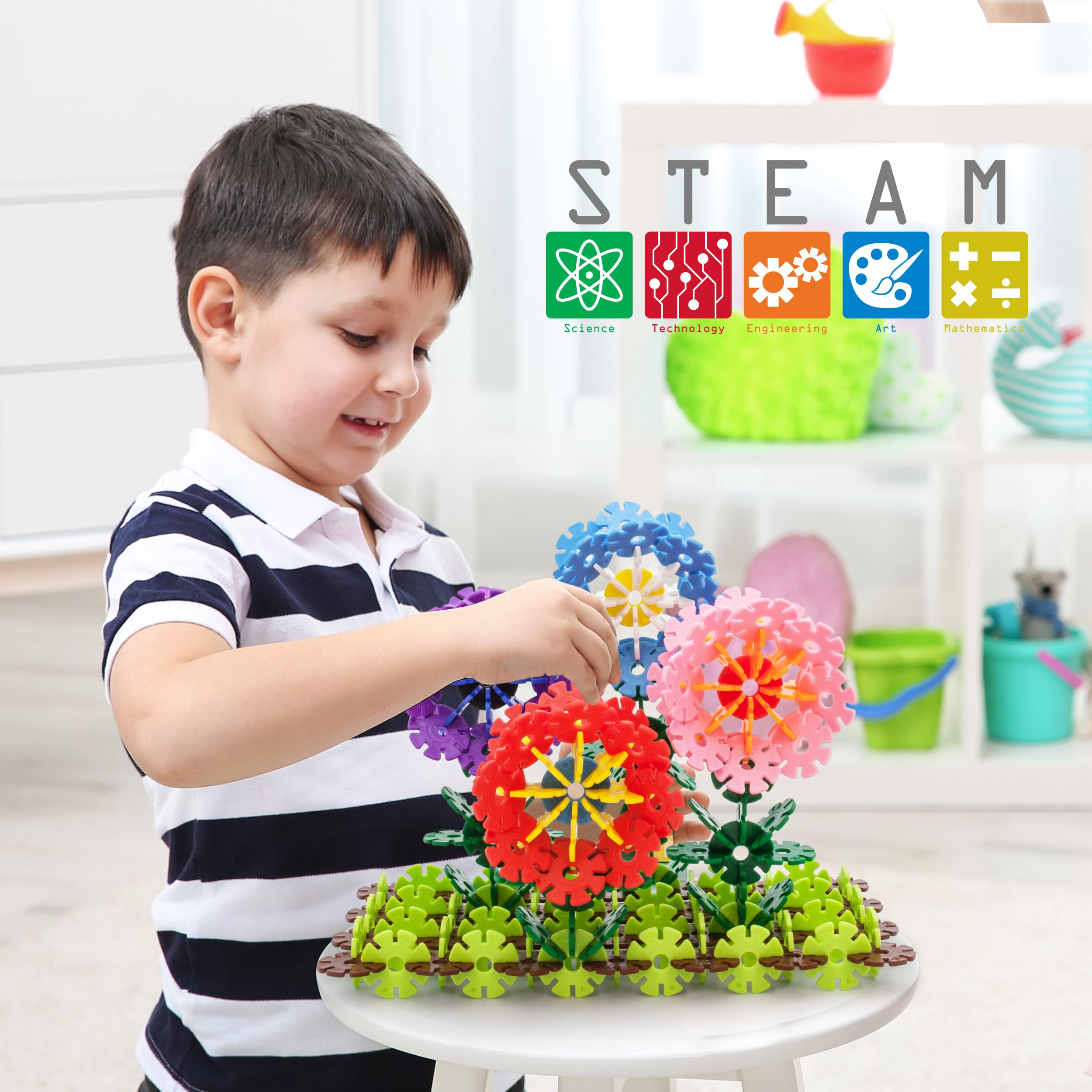 PicassoTiles STEM toy in yellow promotes spatial awareness through easy-to-connect discs.
