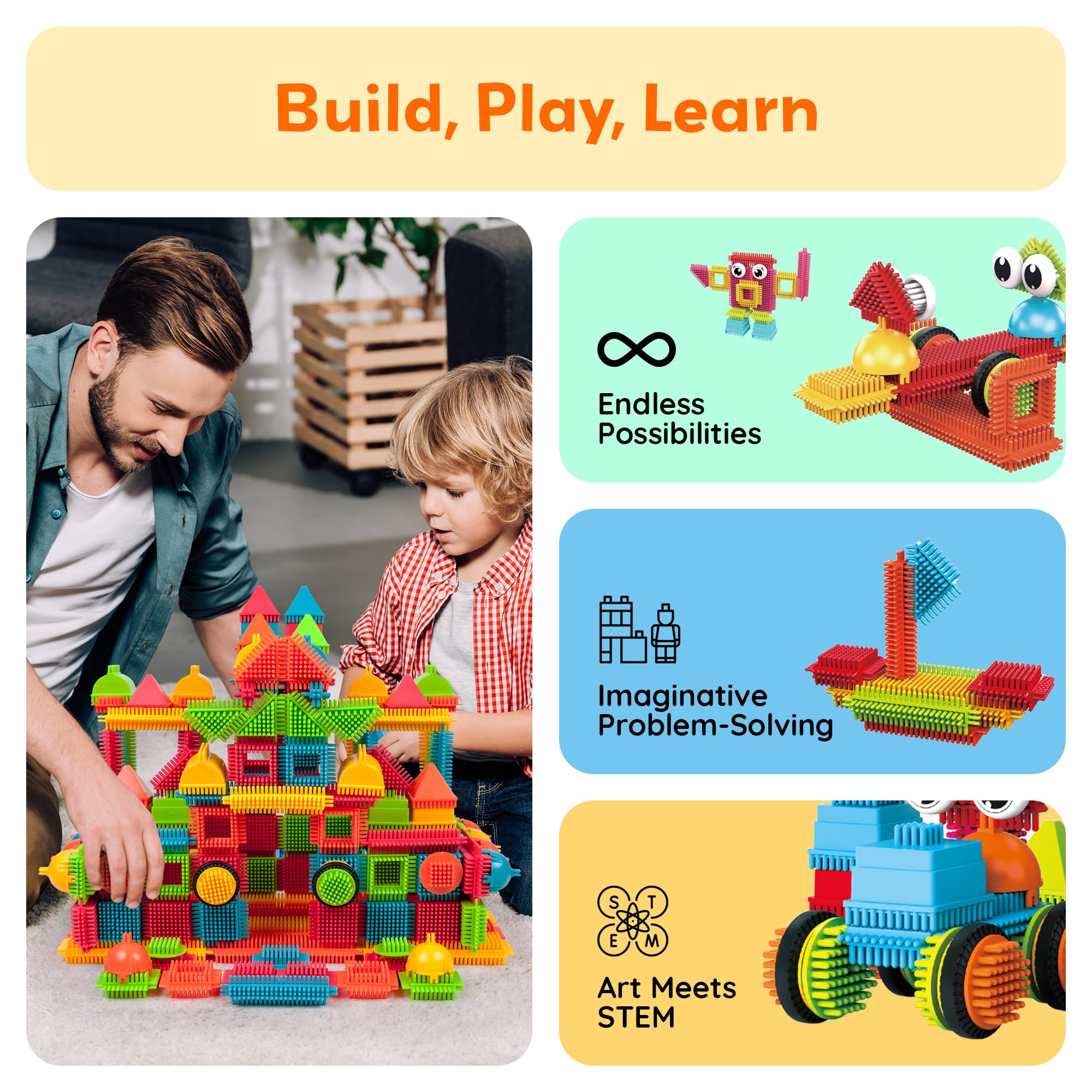 PicassoTiles storage-flatbed design helps organize builds during play.