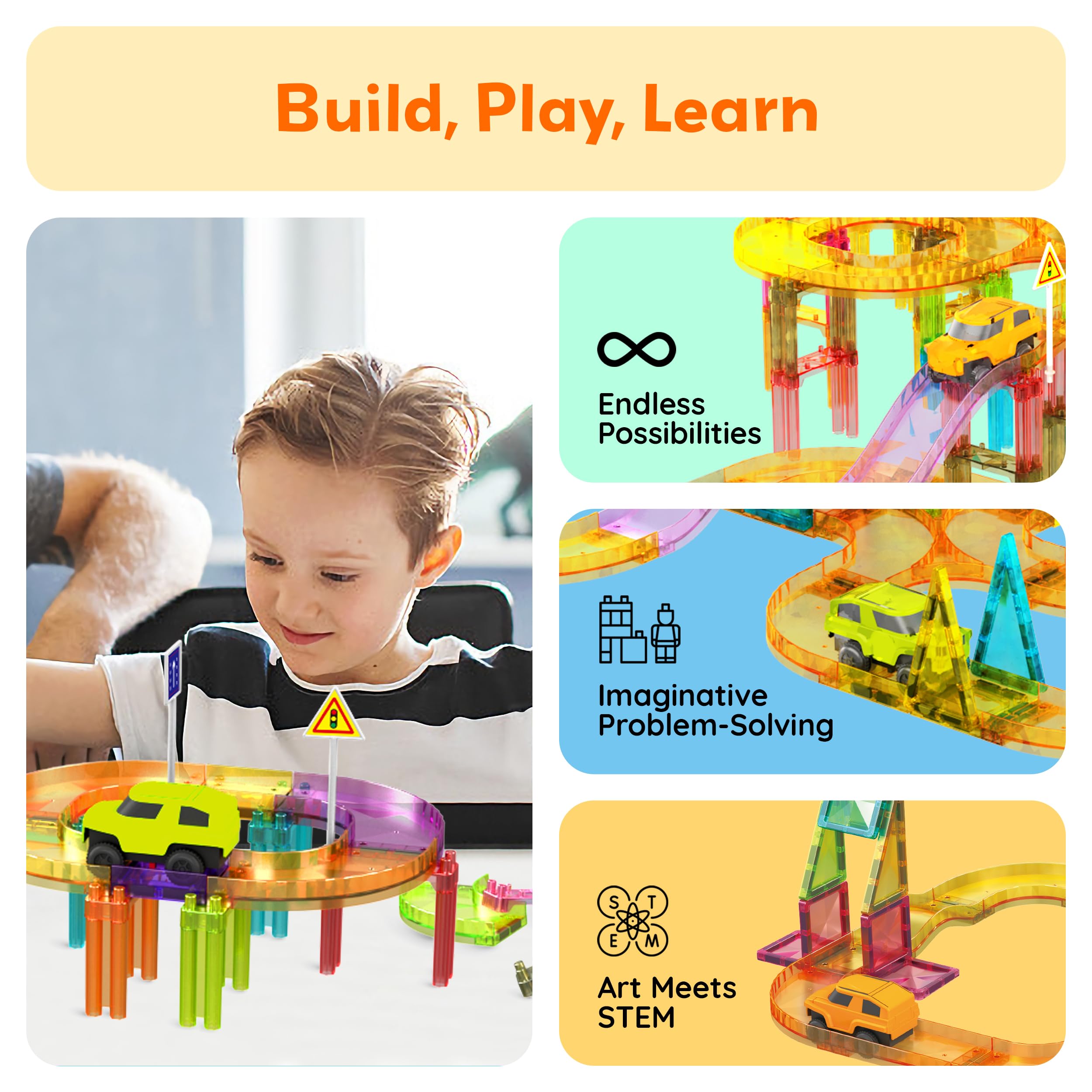 PicassoTiles street sign kit adds realistic road details for imaginative play.