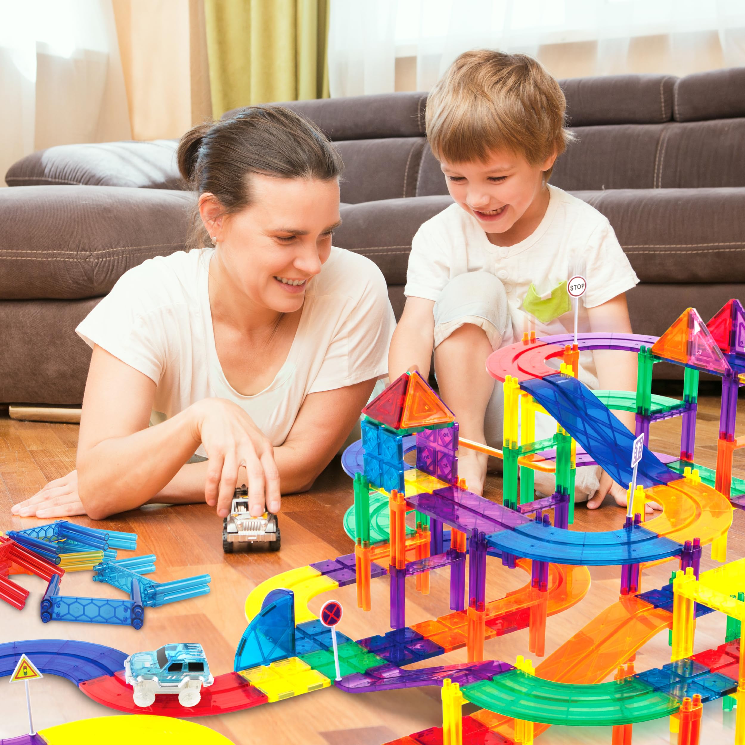 PicassoTiles vertical expansion for race tracks encourages engineering and multi-level design.