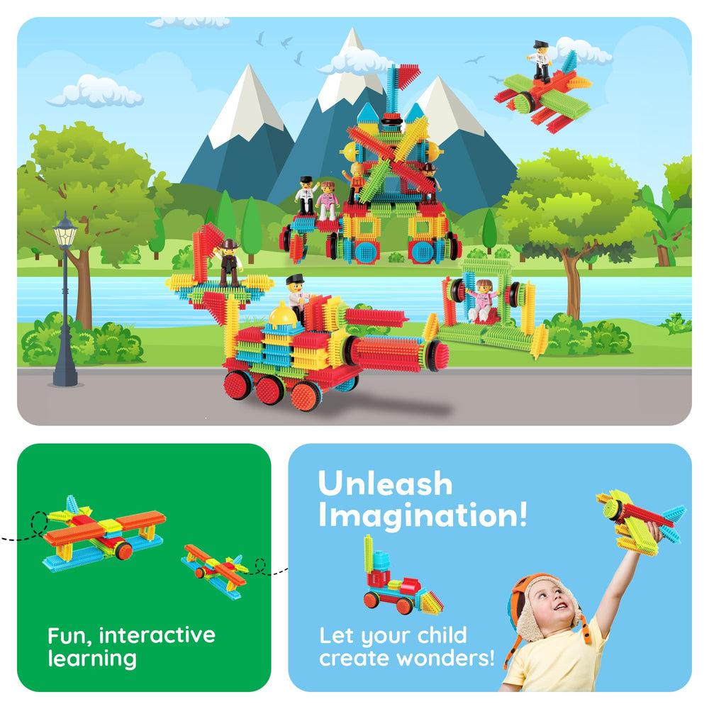 PicassoTiles tower-building scene showcases open-ended construction play.