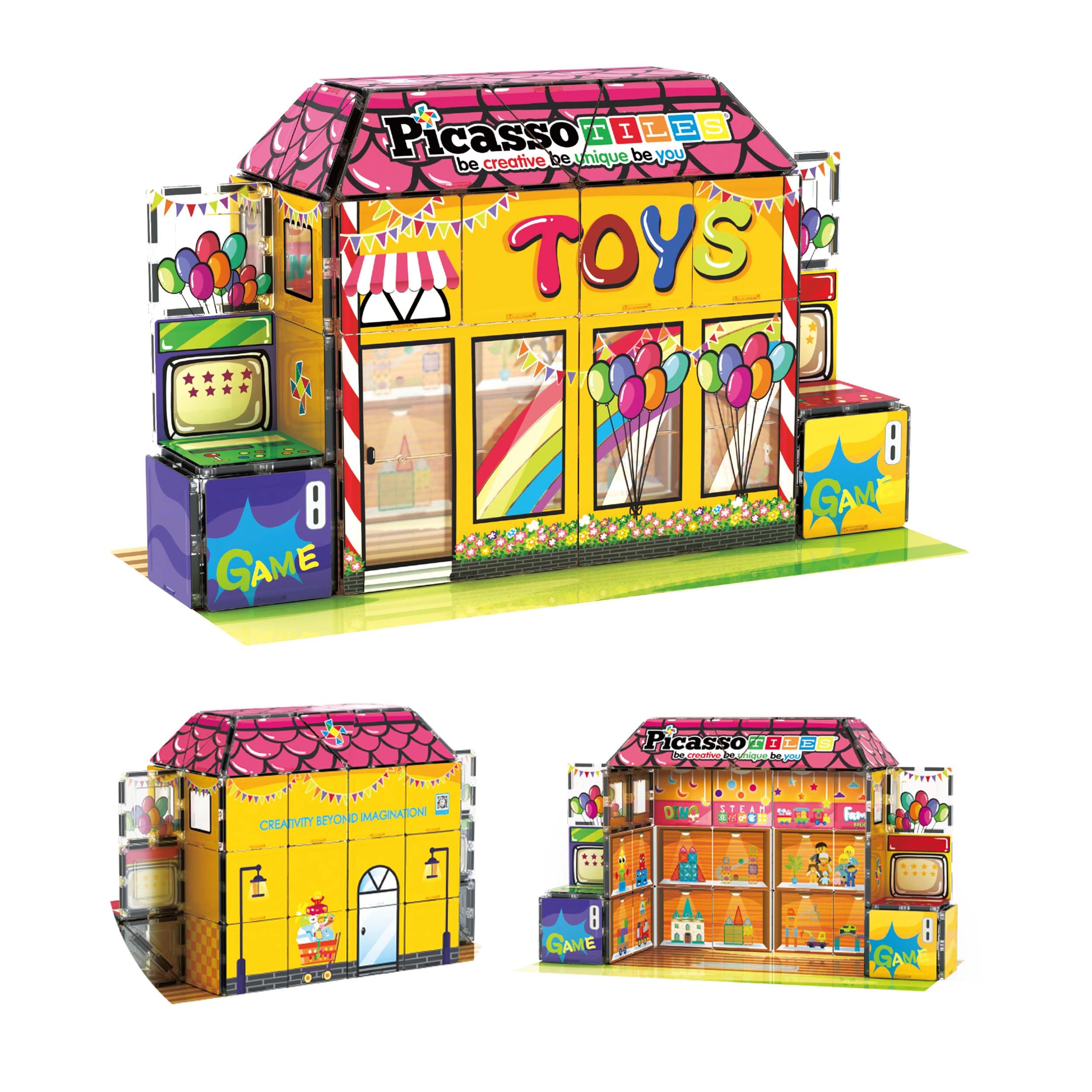 PicassoTiles toystore shop theme shelves for imaginative storefront setups and play
