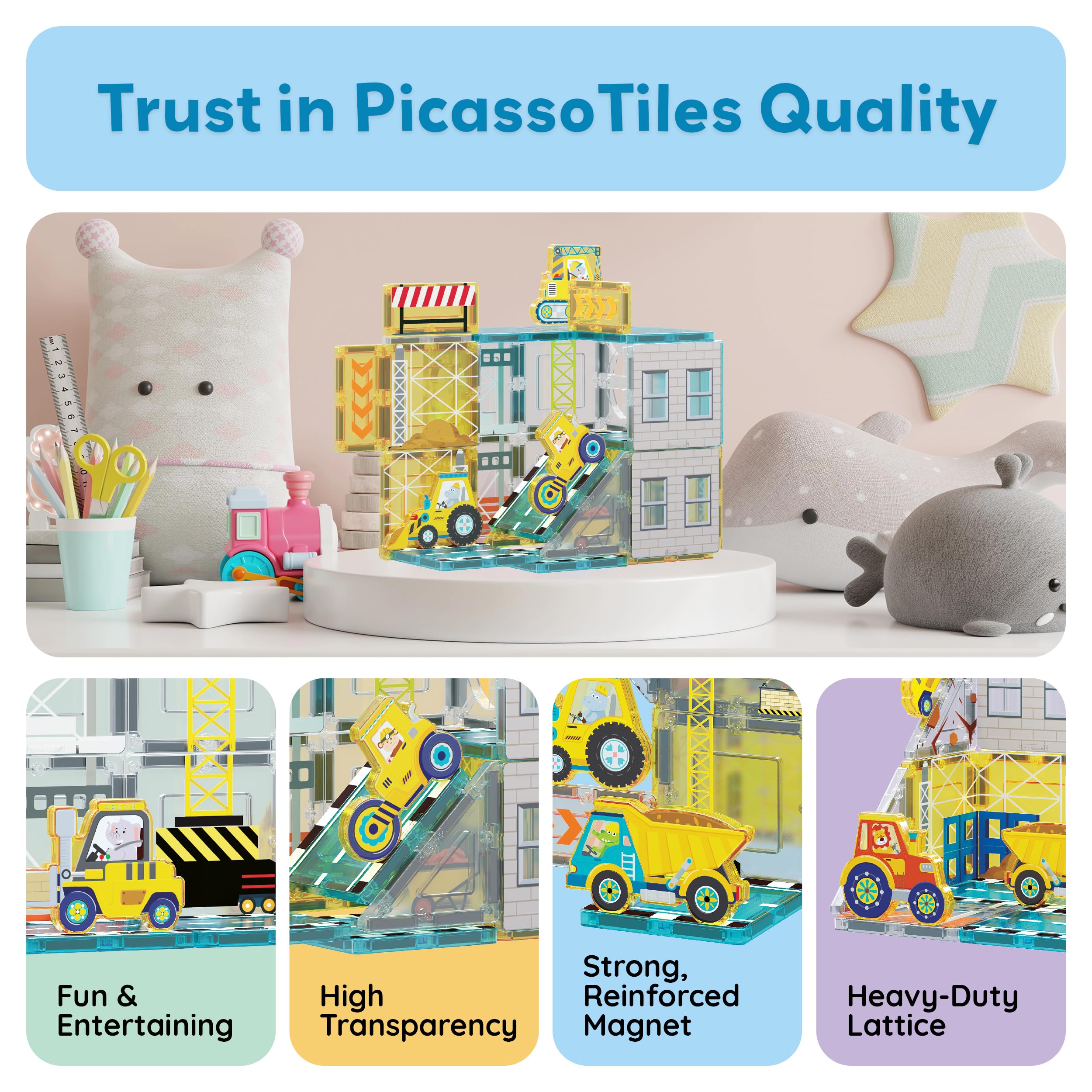 PicassoTiles tractor magnet tiles for imaginative landscapes and planning.