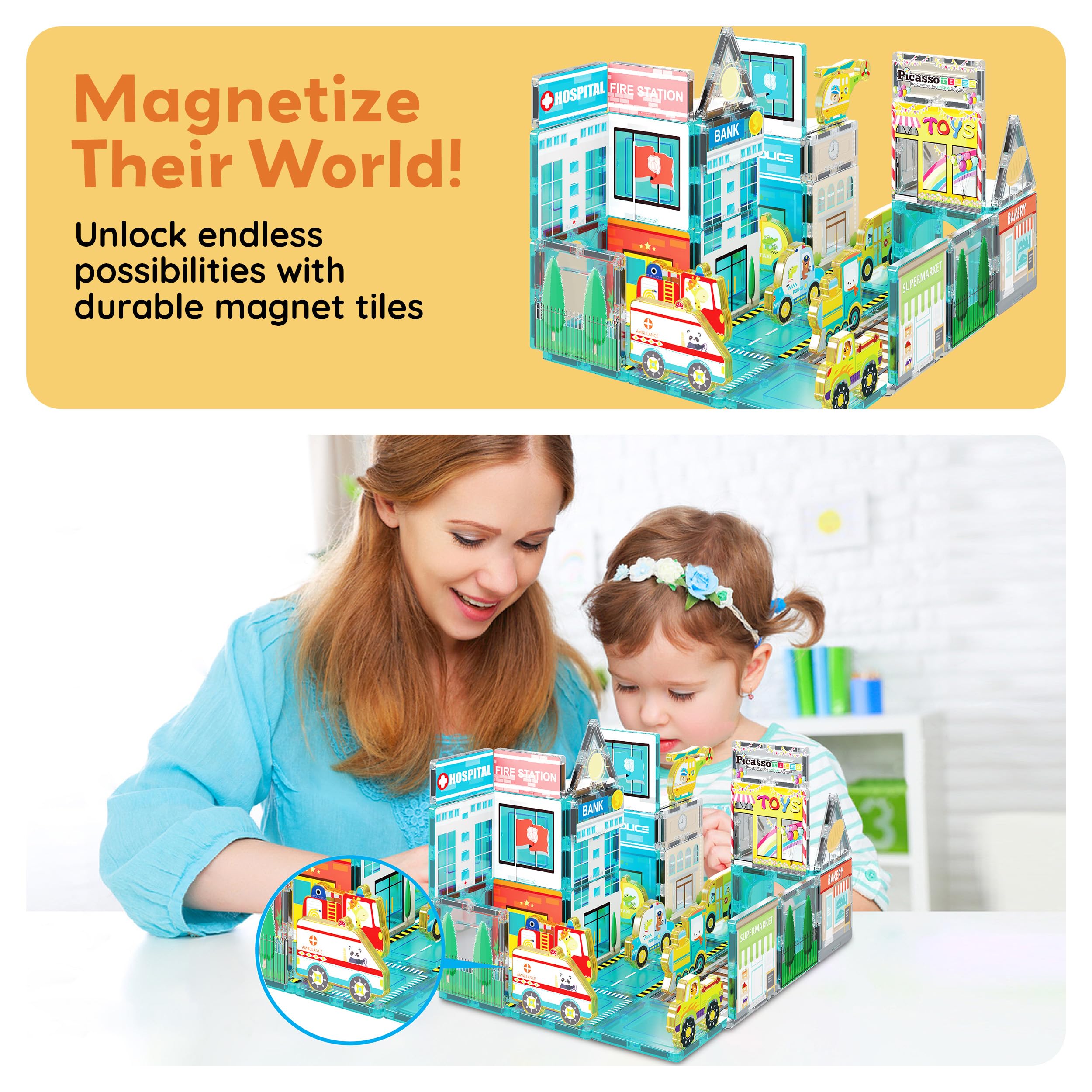 PicassoTiles train magnetized for expanding city transit networks in play.