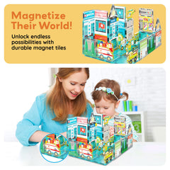 PicassoTiles train magnetized for expanding city transit networks in play.