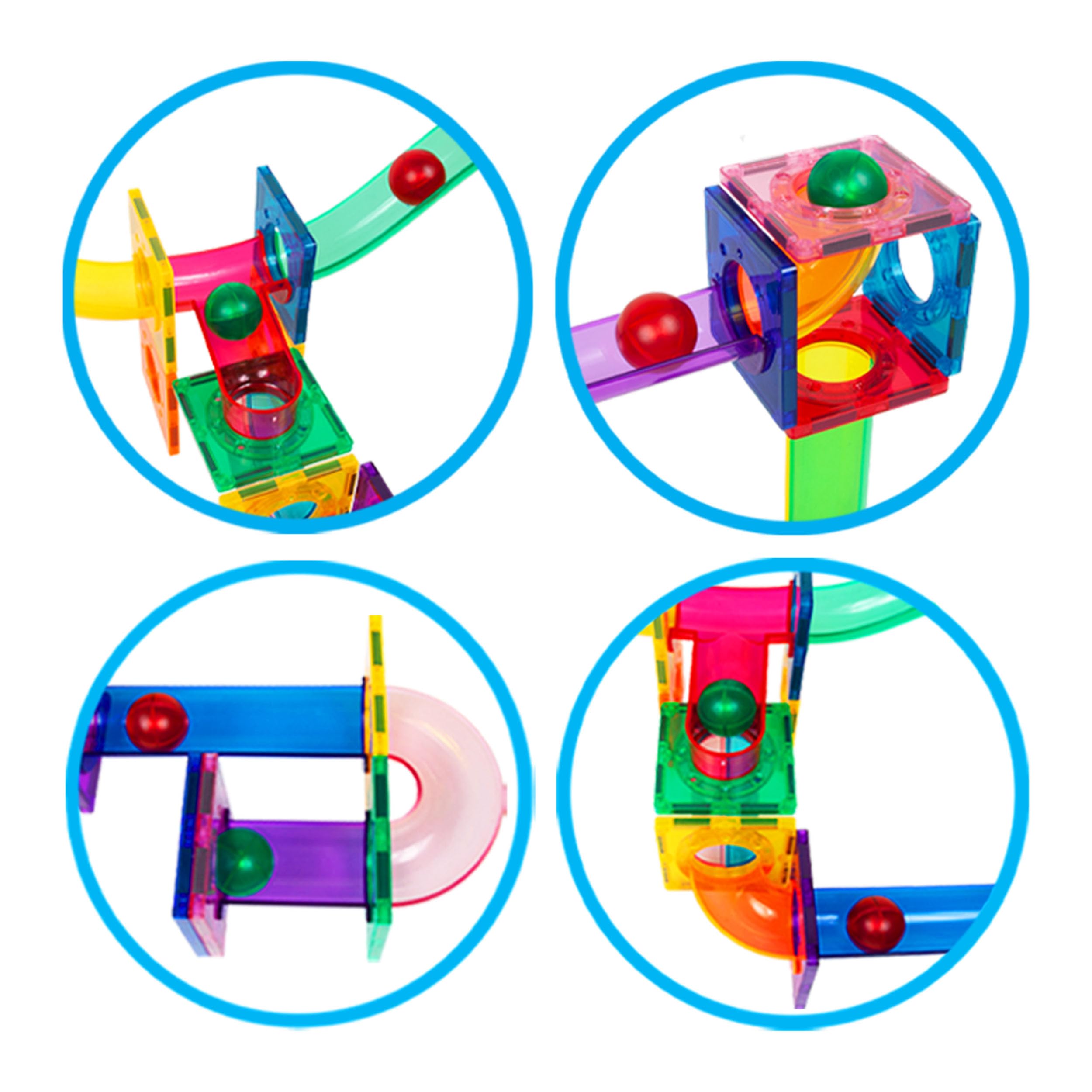 PicassoTiles magnetic tiles pair with marbles for modular construction.