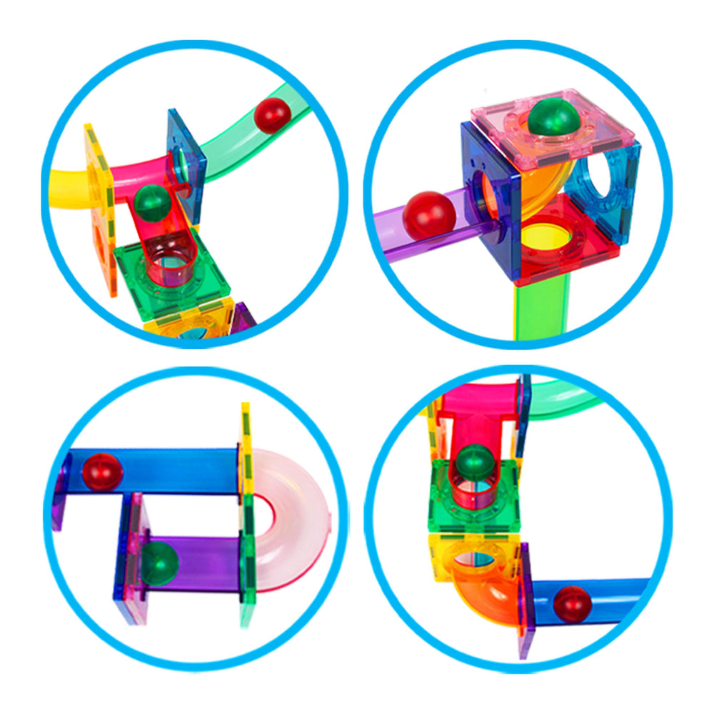 PicassoTiles magnetic tiles pair with marbles for modular construction.