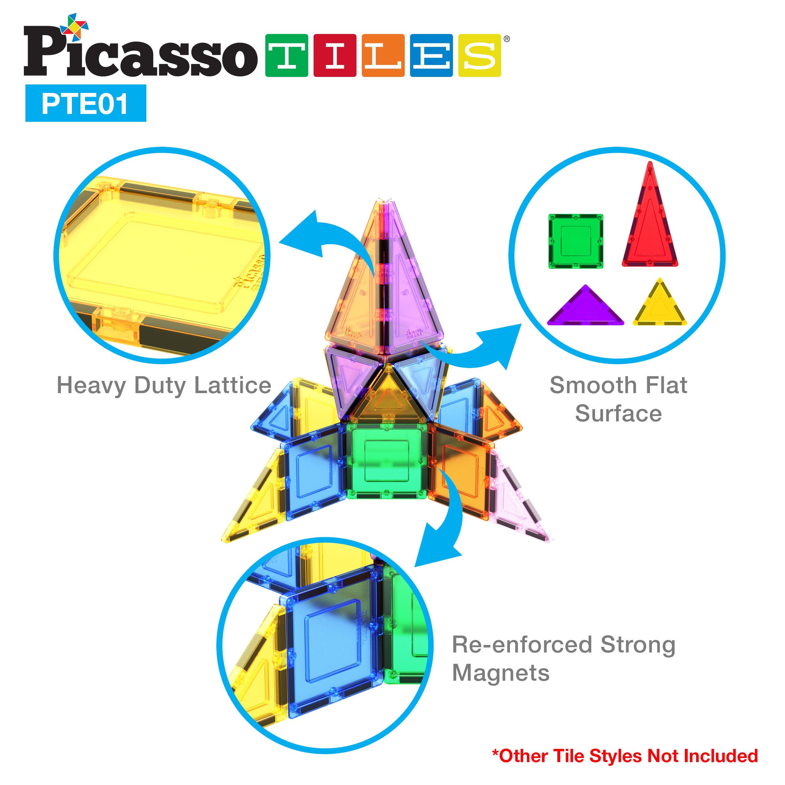 PicassoTiles triangle magnets allow safe, strong connections for 2D and 3D shape building