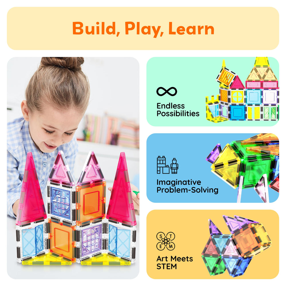 PicassoTiles triangles and squares tiles inspire colorful, geometric play.