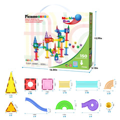 PicassoTiles tubes and funnels guiding marbles through multi-level routes