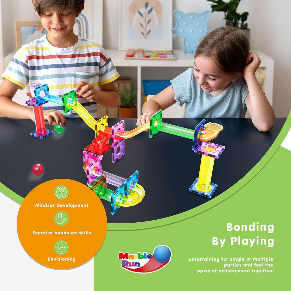 PicassoTiles tubes and ramps enable open-ended track design and exploration.