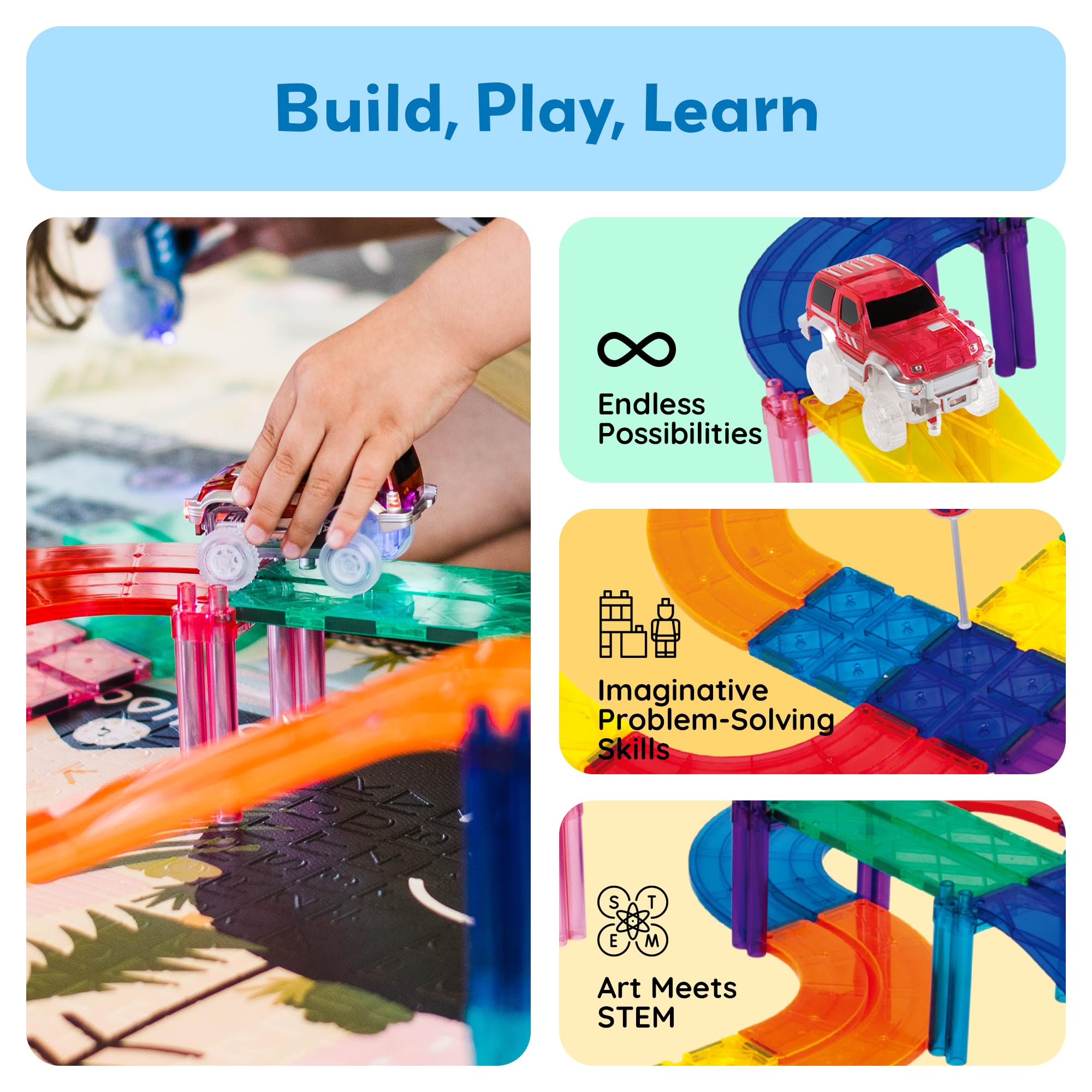 PicassoTiles two racing trucks enable fast setups and dynamic obstacle-free racing.