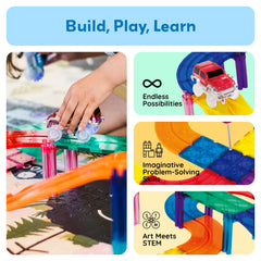 PicassoTiles two racing trucks enable fast setups and dynamic obstacle-free racing.