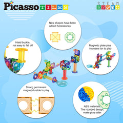 PicassoTiles U-turn sections enable dramatic twists in marble race builds.