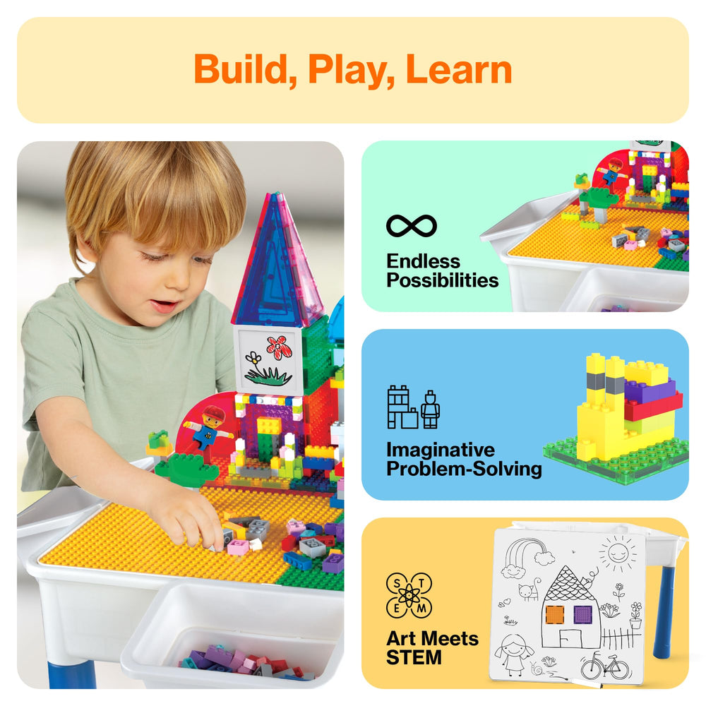 Under-table storage bin with PicassoTiles pieces organized for tidy play.