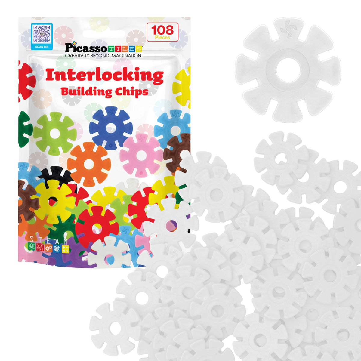 PicassoTiles white disc chip assembly for easy interlocking and creative builds.