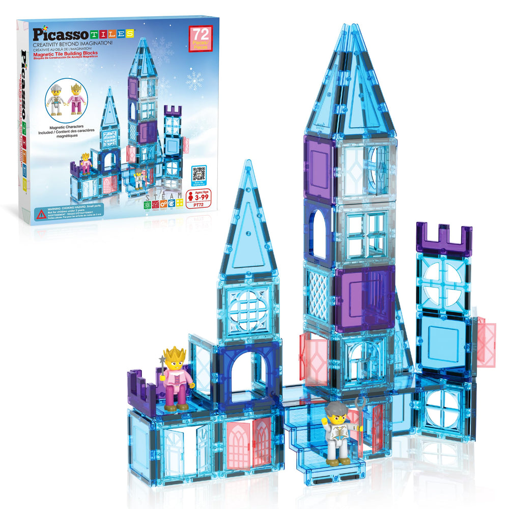 PicassoTiles winter ice tiles show translucent magnets for imaginative winter builds.