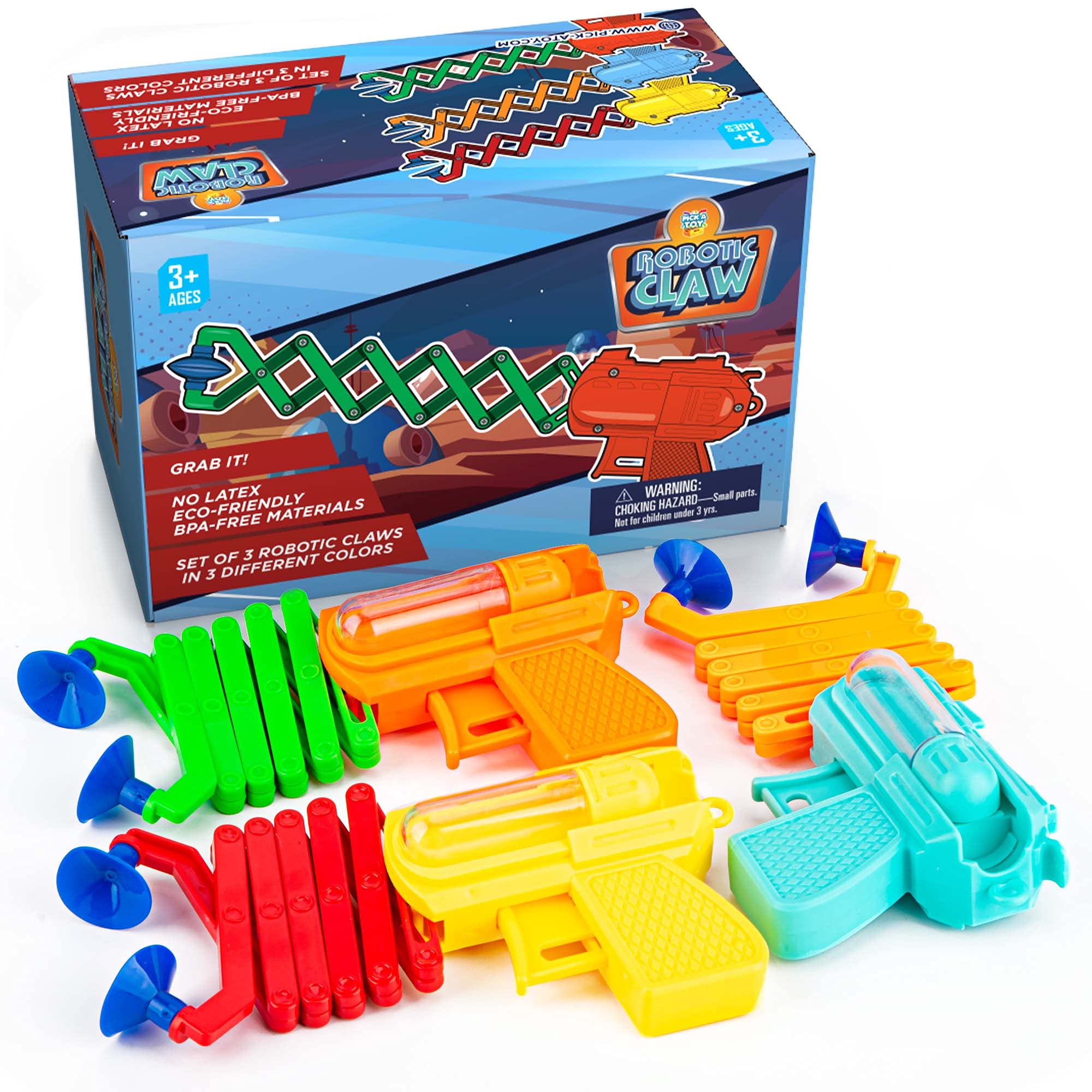 PICK A TOY Roboclaw pack-grab demonstrates easy object pickup to boost fine motor play