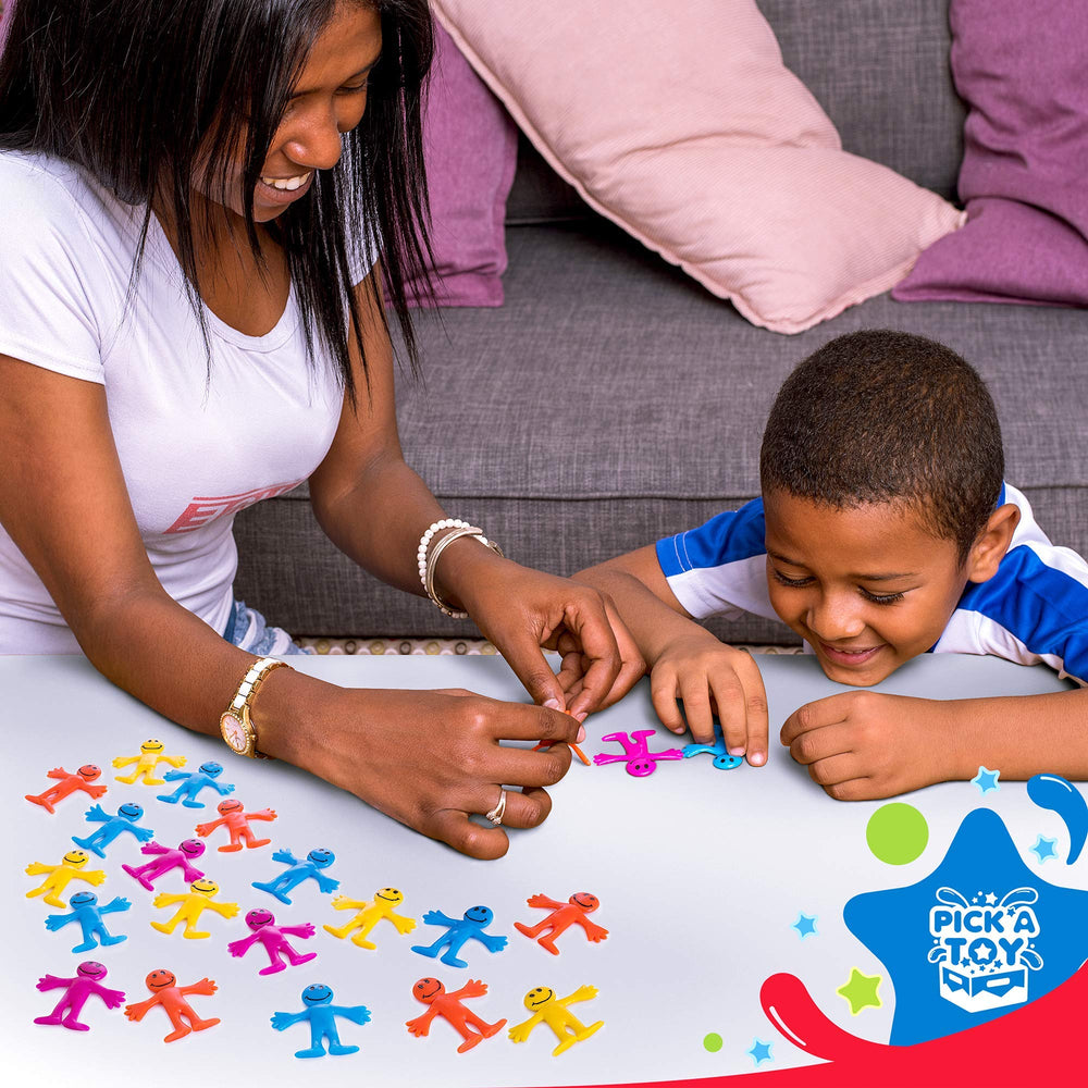 Pick A Toy stretchy happy man toy on blue background highlights grip-friendly play.
