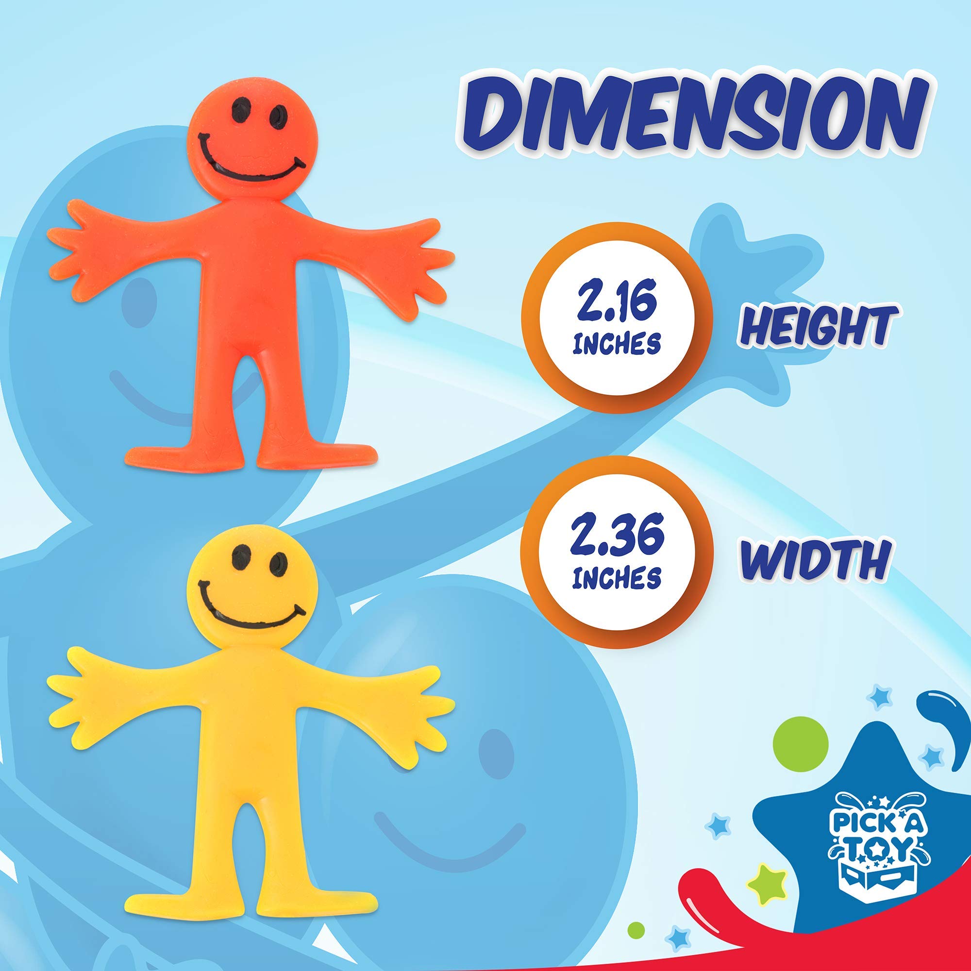Pick A Toy stretchy happy man toy pack shows multi-figure goody bag options.