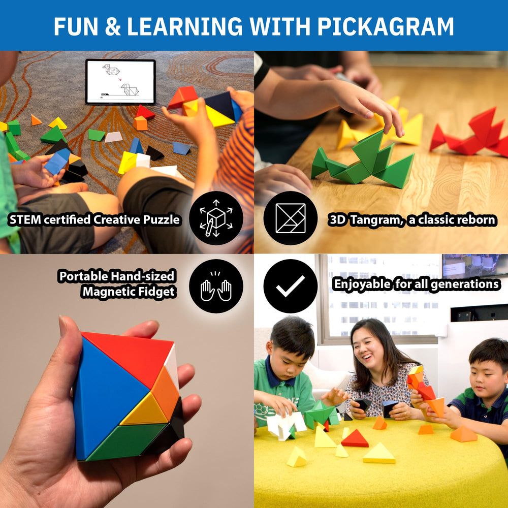 Pickagram architect-designed puzzle combines modern aesthetics with classic tangram challenges for a visually striking desk accent.