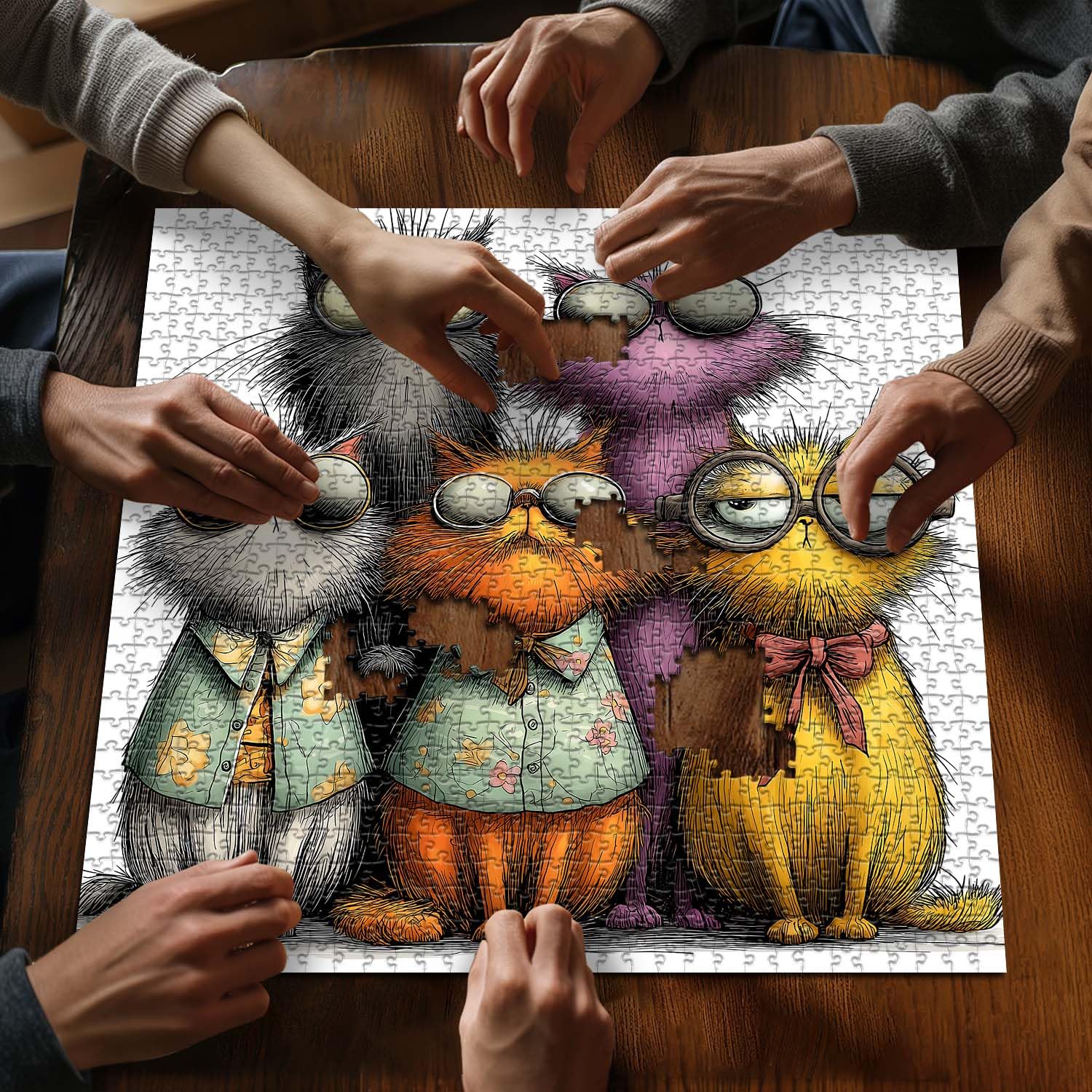 PICKFORU bow-tie-shirt cat puzzle detail encourages visual discovery
