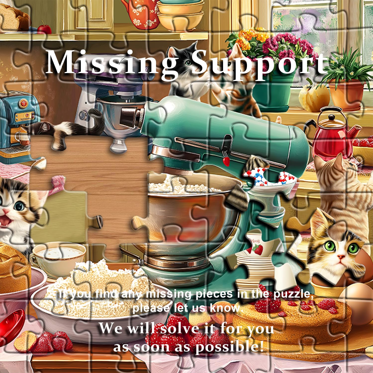 PICKFORU cat puzzle completed image; cheerful kitchen theme enhances home.