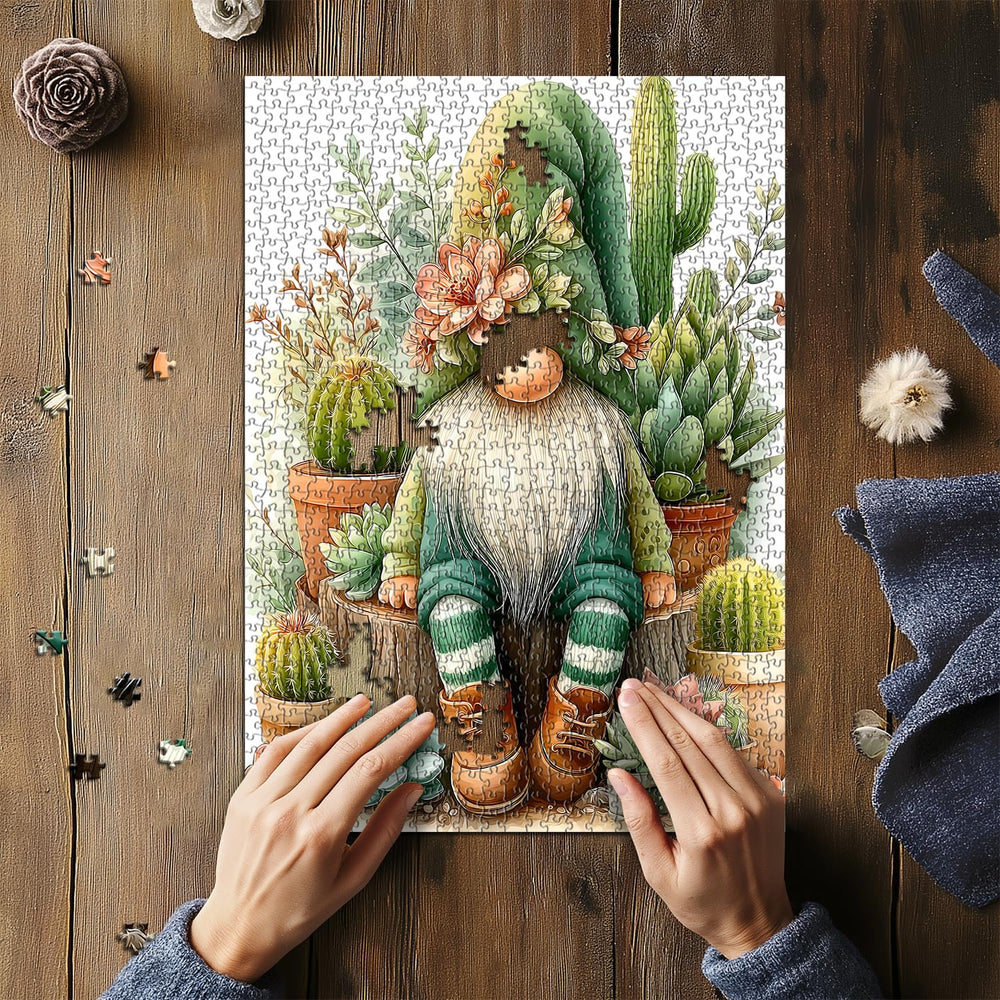 PICKFORU finished puzzle showing garden gnome, ready to frame as wall art.