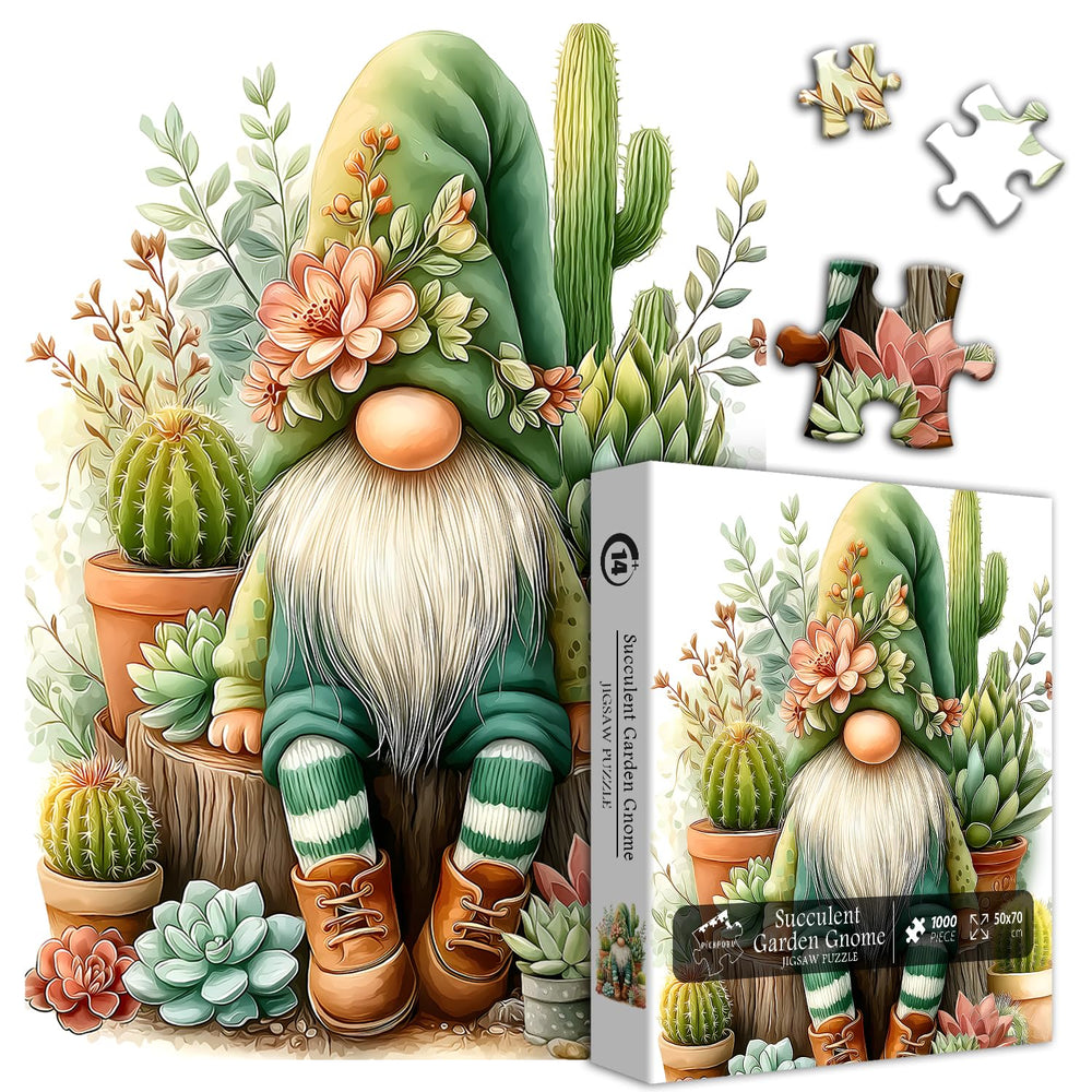 PICKFORU gnome in a garden with succulents, central image for an engaging jigsaw.