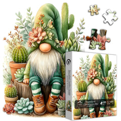 PICKFORU gnome in a garden with succulents, central image for an engaging jigsaw.