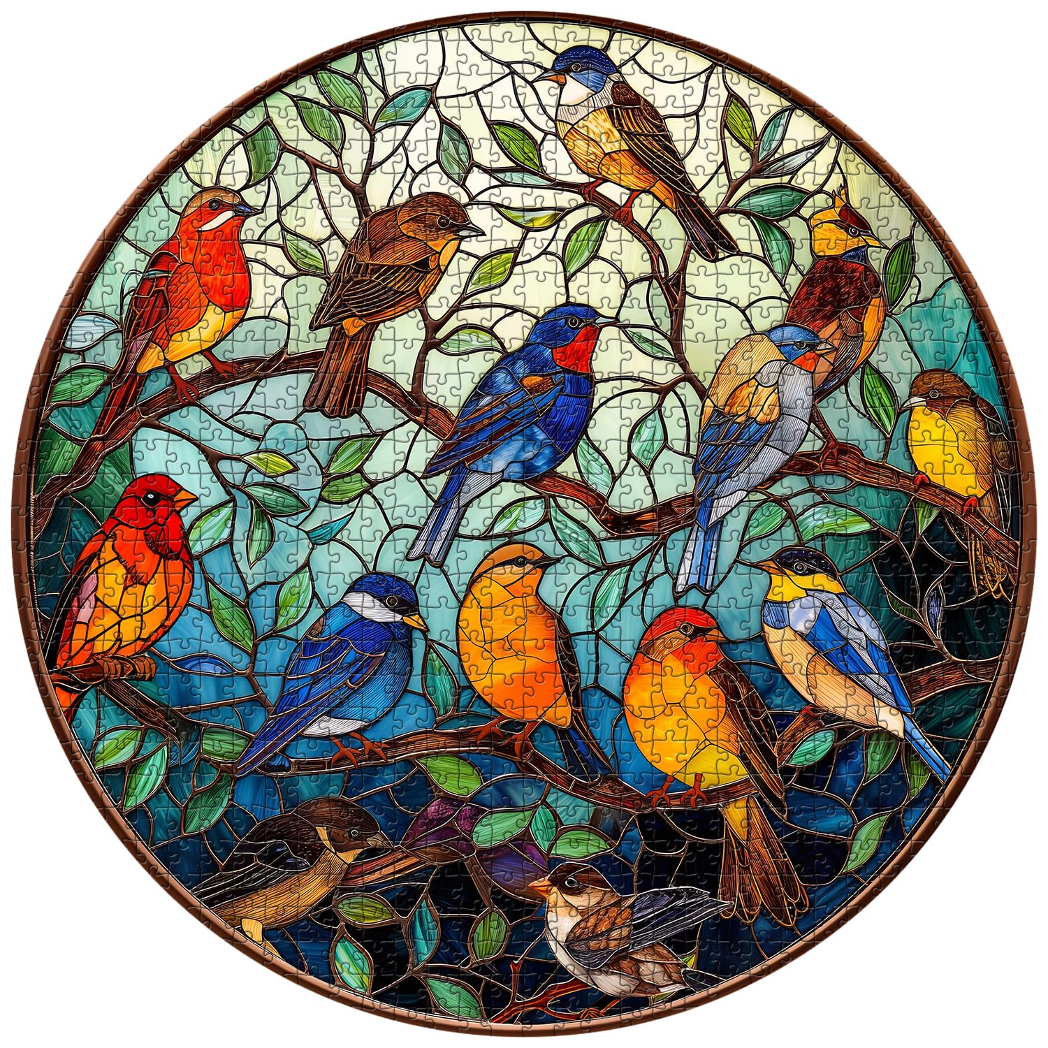 PICKFORU round stained glass puzzle showing colorful birds on a tree.