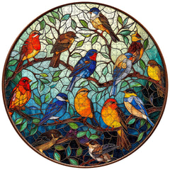 PICKFORU round stained glass puzzle showing colorful birds on a tree.