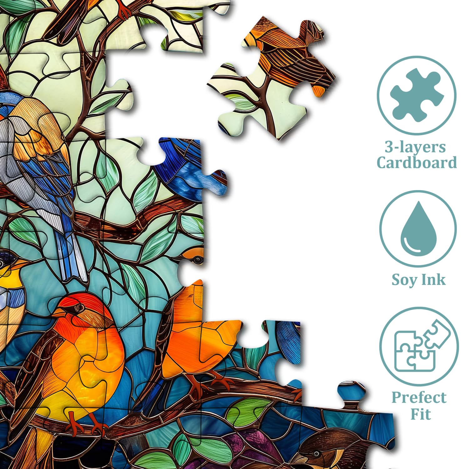 PICKFORU bird tree round puzzle with glass-like hues, ideal for wall display later.