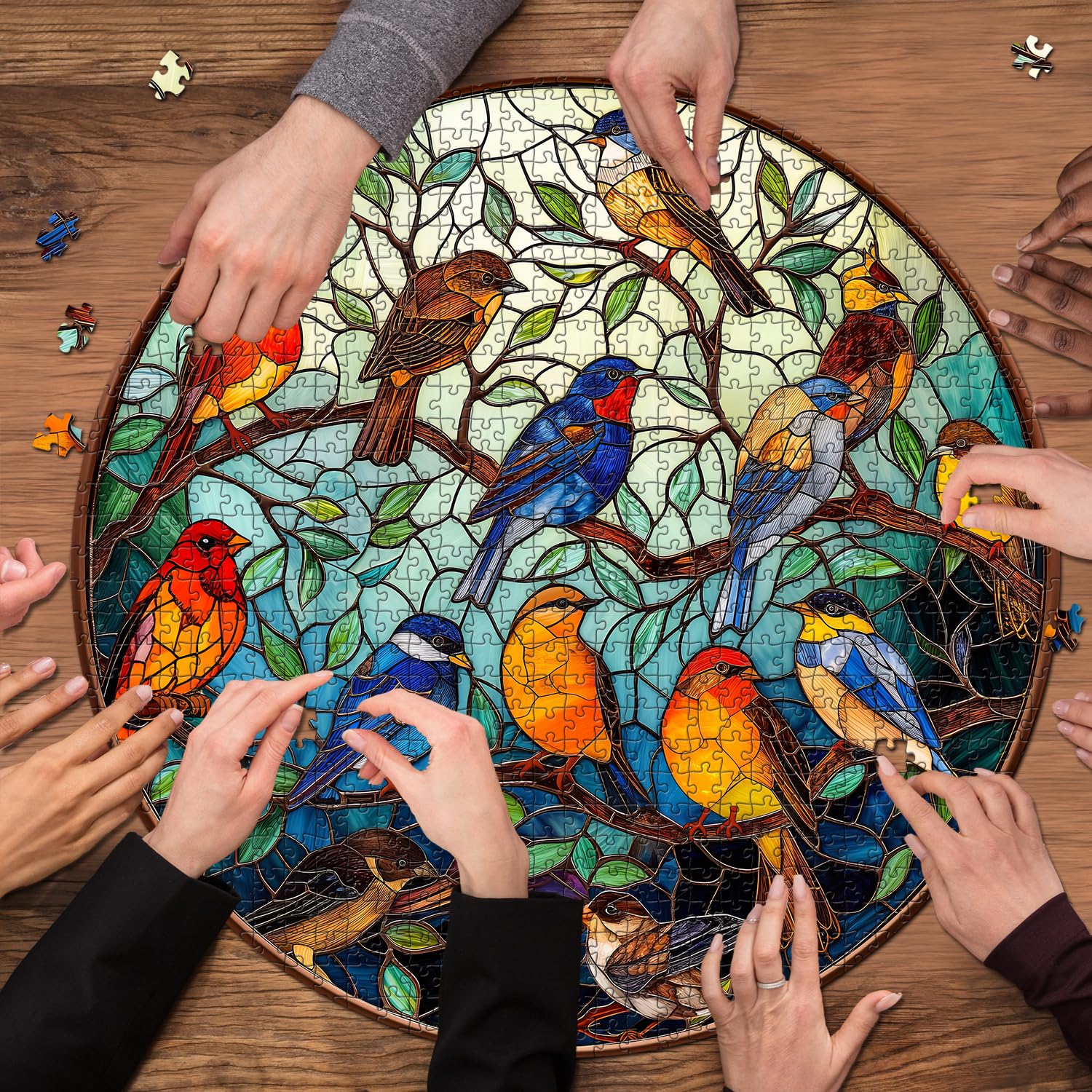 PICKFORU vivid birds perched on a tree in glass-like hues.