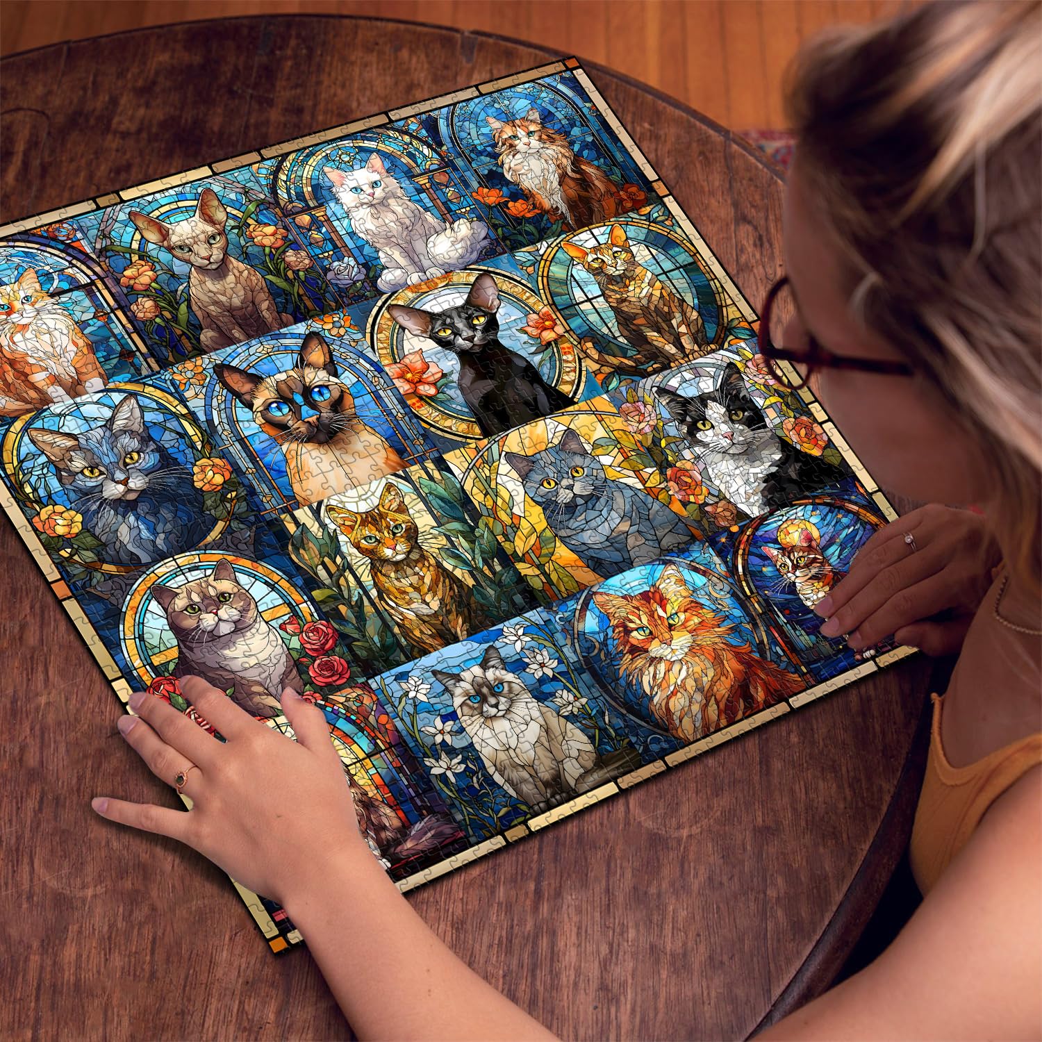 PICKFORU stained glass cat puzzle missing parts support helps complete.