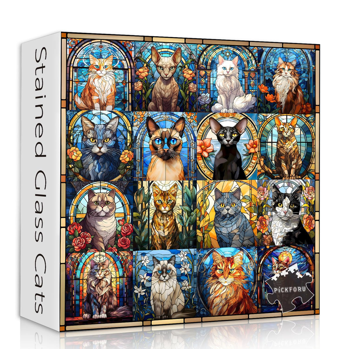 PICKFORU stained glass cat puzzle packaging box showcases gift-ready presentation.