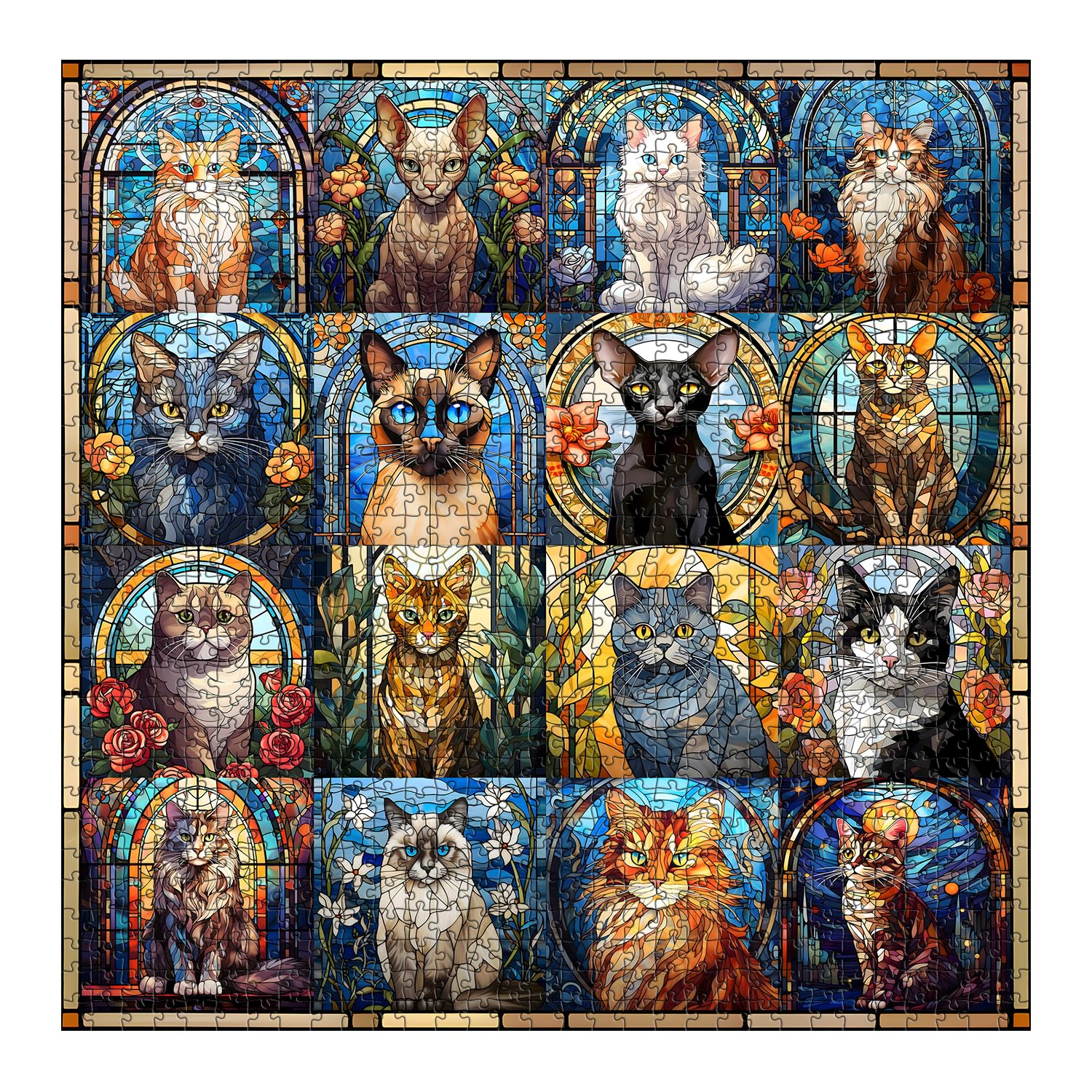 PICKFORU stained glass cat puzzle poster included shows vibrant feline artwork.