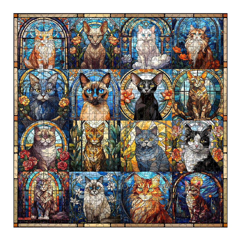 PICKFORU stained glass cat puzzle poster included shows vibrant feline artwork.